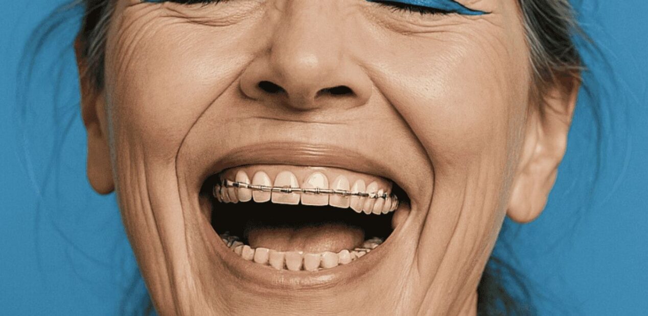 Gros plan d'une femme âgée aux cheveux gris, riant joyeusement, montrant son appareil dentaire iDental Studio. Ses yeux, clos et soulignés d'un fard à paupières bleu intense, se détachent sur le fond bleu vif.